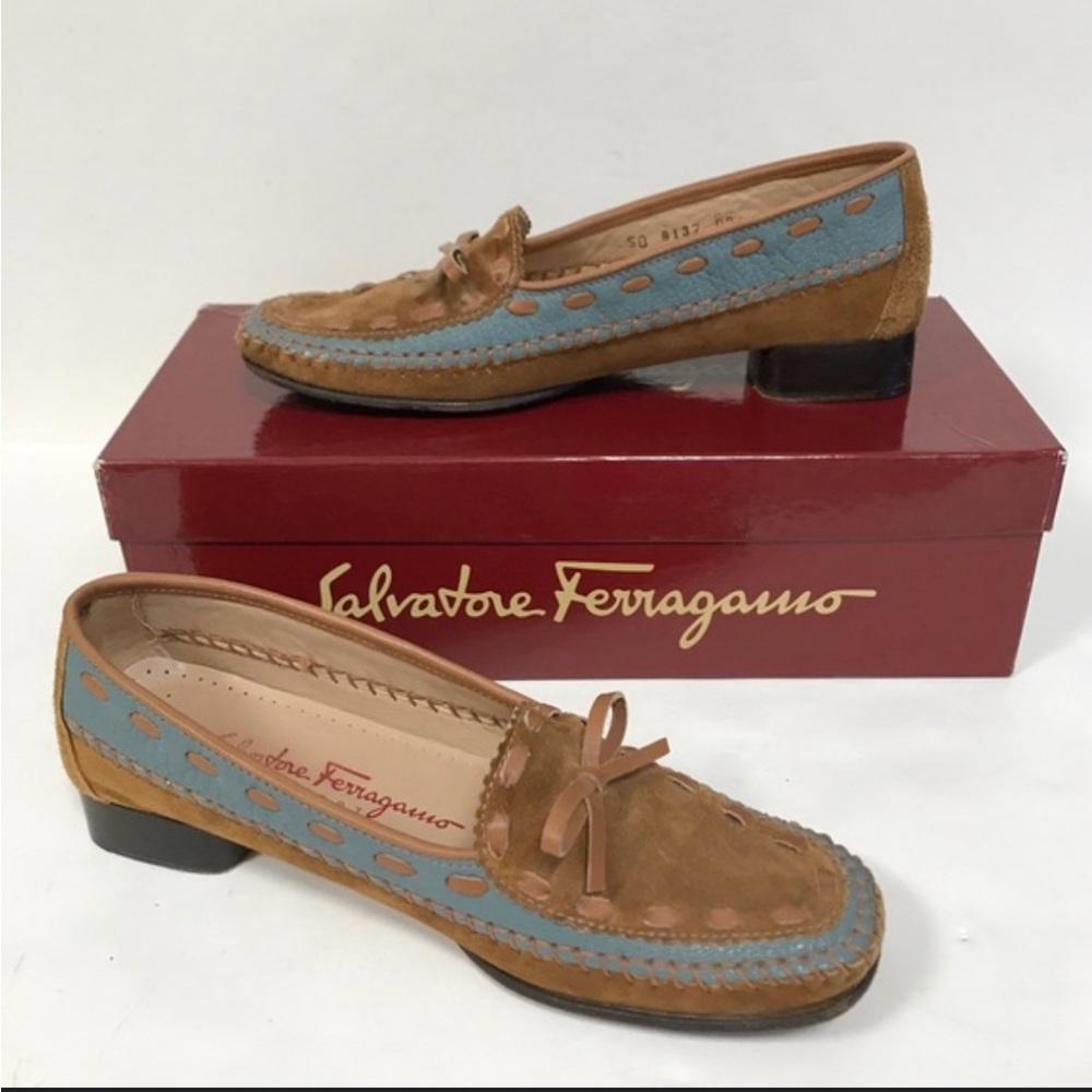 Salvatore Ferragamo Sport Blue and Brown Suede Bow Loafers Hand Sewn